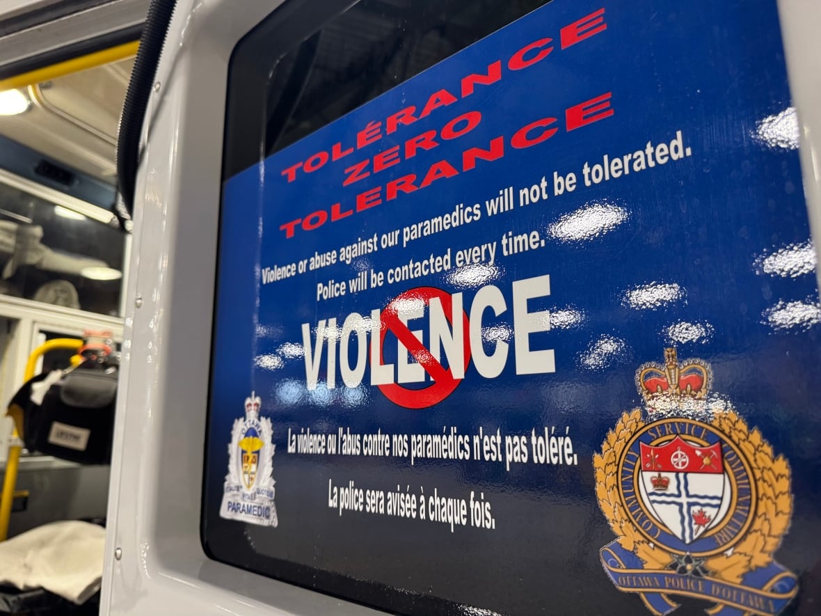 A sign, which describes a zero-tolerance policy of violence or abuse against paramedics, is displayed on every ambulance door in the Ottawa Paramedic Service fleet.  