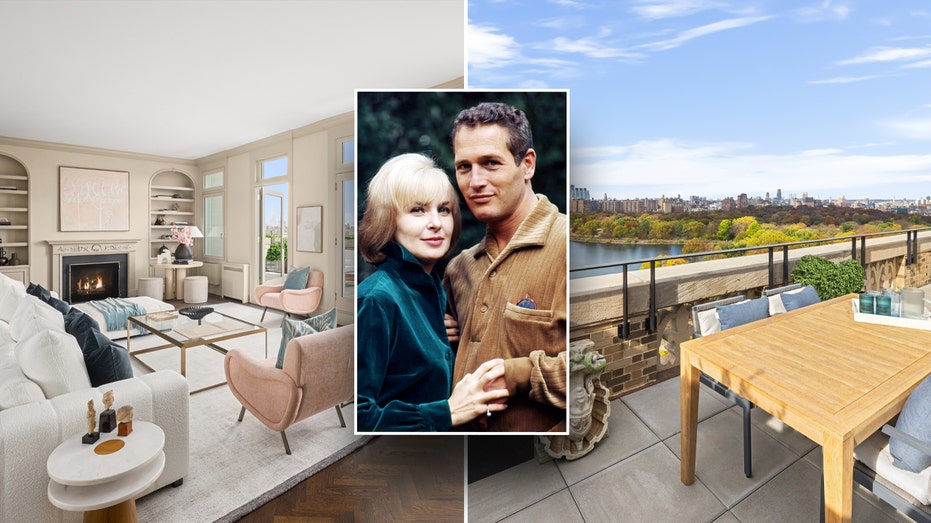 A living room split with an outdoor terrace with river views, and an inset of Paul Newman and Joanne Woodward.