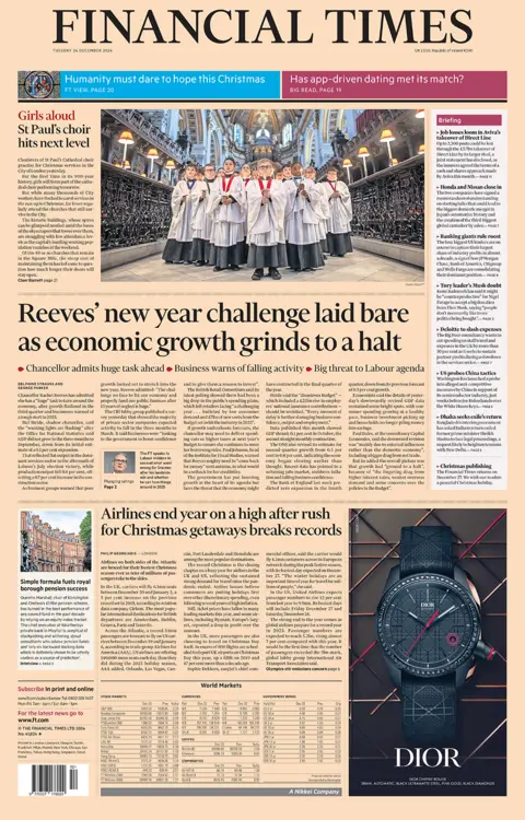 Financial Times headline reads "Reeves' new year challenge laid bare as economic growth grinds to a halt" 