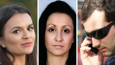 Supplied A composite photo showing head shots of Vanya Gaberova, Katrin Ivanova and Tihomir Ivanchev, who is wearing sunglasses and speaking into a phone