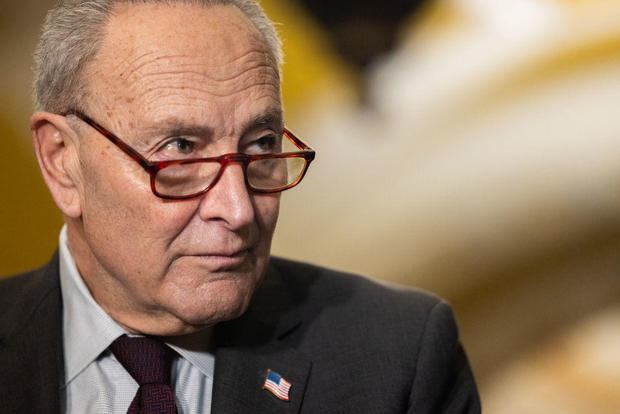 Senate Majority Leader Chuck Schumer speaks during a press conference with newly-elected Democratic Senators Andy Kim and Adam Schiff in Washington DC,  on December 10, 2024. 