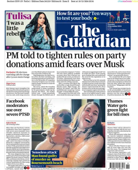 The main headline on the front page of the Guardian reads: "PM told to tighten rules on party donations amid fears over Musk"