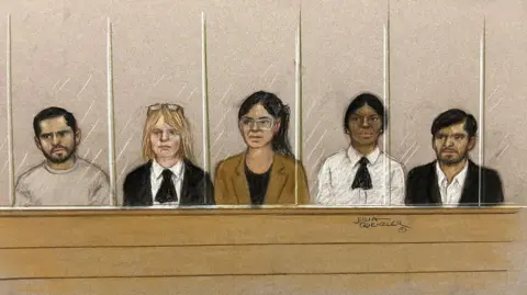 BBC/Julia Quenzler A court drawing of five people - from left, Faisal Malik, a dock officer, Beinash Batool, a dock officer and Urfan Sharif, sitting behind a clear screen at the Old Bailey