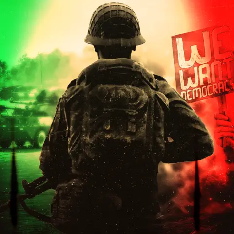 BBC A composite image showing the back of a soldier in the centre, with a hand showing 'We want democracy' on the right, with a red colourwash, and tanks with a green colourwash on the left.