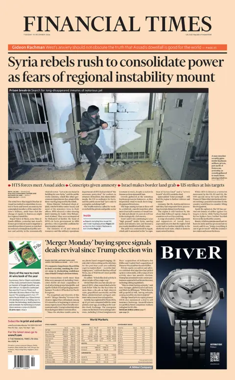 The headline in the Financial Times reads: "Syria rebels rush to consolidate power as fears of regional instability mount" 