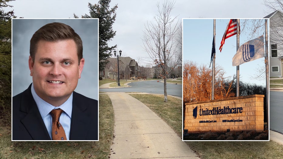 UHC logo and Brian Thompson over picture of Thompson's neighborhood