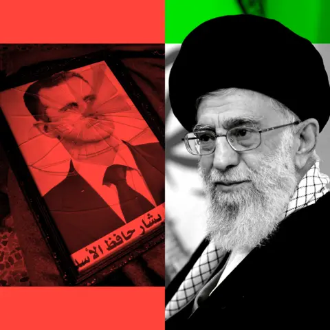 Getty Images A treated image of a smashed framed photo of Bashar al-Assad on the left and a photo of Ali Khamenei on the right