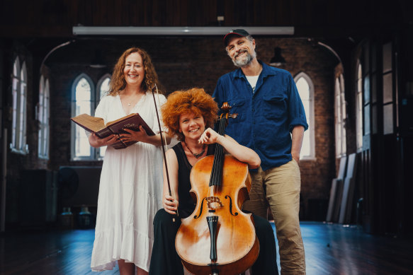 Actor Bernadette Ryan, cellist Rachel Scott and actor Christopher Tomkinson.