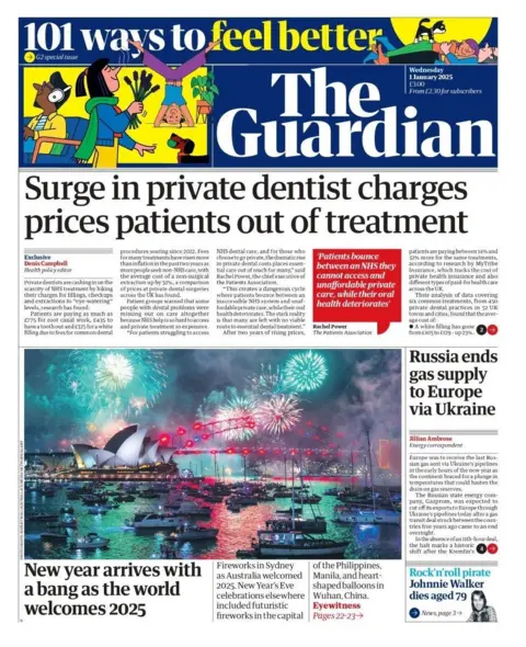 The Guardian's front page reads: "Surge in private dentist charges prices patients out of treatment"