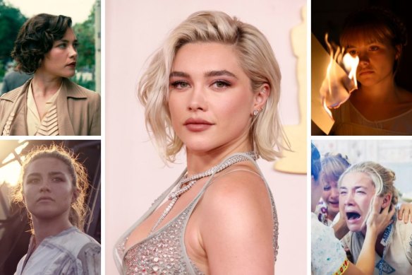 Pugh at this year’s Academy Awards (centre) and (clockwise from top left) in Oppenheimer, Little Women, Midsommar and Black Widow.