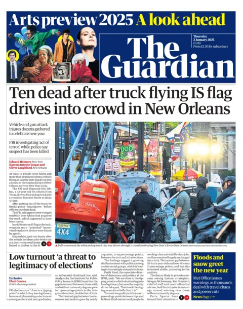 Guardian front page for 2 January 2025. The main headline reads: Ten dead after truck flying IS flag drives into crowd in New Orleans