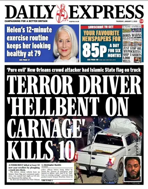 Front page of the Daily Express newspaper for 2 January 2024. The headline reads: Terror driver 'hell bent on carnage' kills 10.