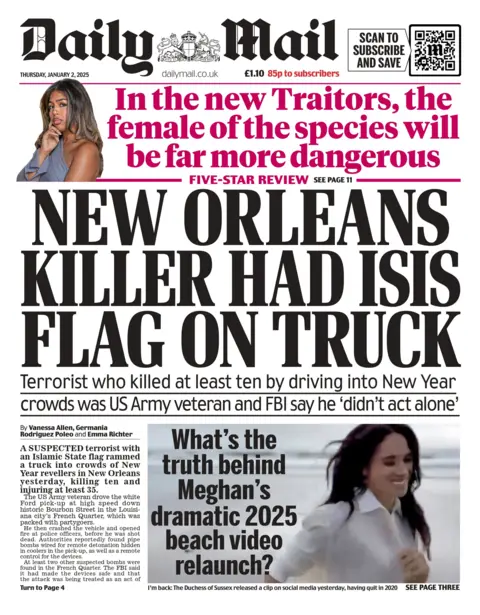 Front page of the Daily Mail for 2 January 2025. The headline reads 'New Orleans killer had Isis flag on truck'