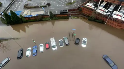 The flooded car park at Meadow Hill on Wednesday