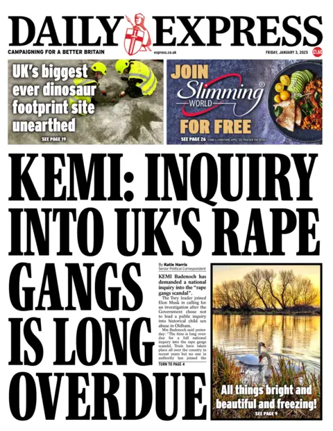 Daily Express front page for 3 January 2025 - the headline reads "Kemi: Inquiry into UK's rape gangs is long overdue"