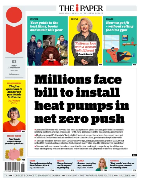 i front page for 3 January 2025 - the headline reads "Millions face bill to install heat pumps in net zero push"