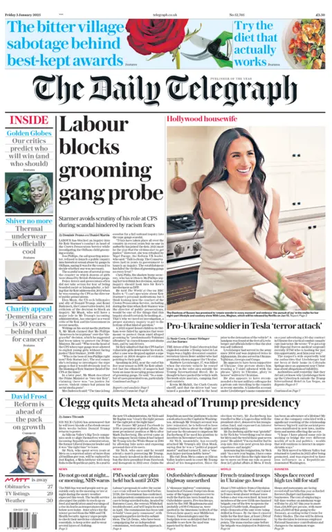 Daily Telegraph front page for 3 January 2025 - the headline reads "Labour blocks grooming gang probe"