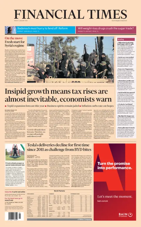 Financial Times front page for 3 January 2025 - the headline reads "Insipid growth means tax rises are almost inevitable, economists warn"