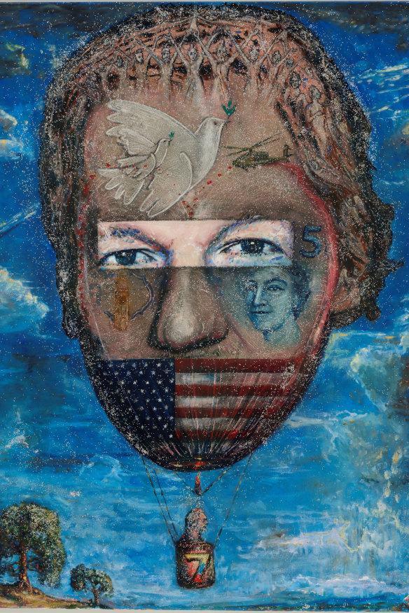 Archibald Prize finalist Shaun Gladwell’s A spangled symbolist portrait of Julian Assange floating in reflection.