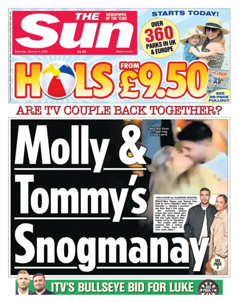 The headline in the Sun reads: "Molly and Rommy's Snogmanay"