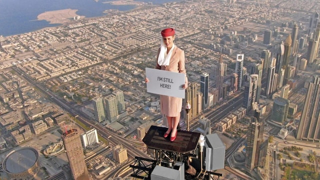 Advertisement: Emirates Airlines ad | Although not a movie, this iconic ad needs to be mentioned on this list. Emirates filmed a commercial atop the Burj Khalifa's tallest point. The UAE-based airline's 30-second ad features Nicole Smith-Ludvik as an Emirates cabin crew member. The commercial offered a heart-stopping view of Dubai stretching out hundreds of feet below Ludvik.