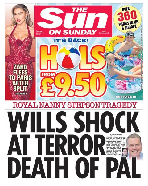 The headline in the Sun reads: "Wills shock at terror death of pal"