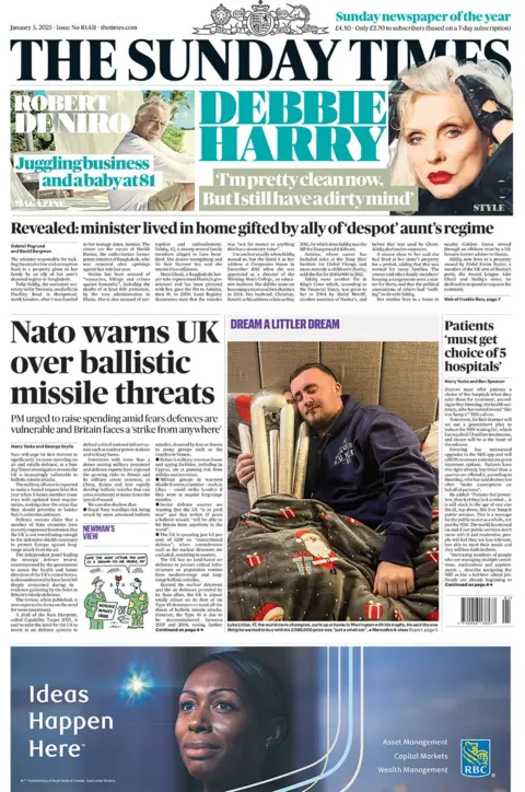 The headline in the Sunday Times reads: "Nato warns UK over ballistic missile threats"