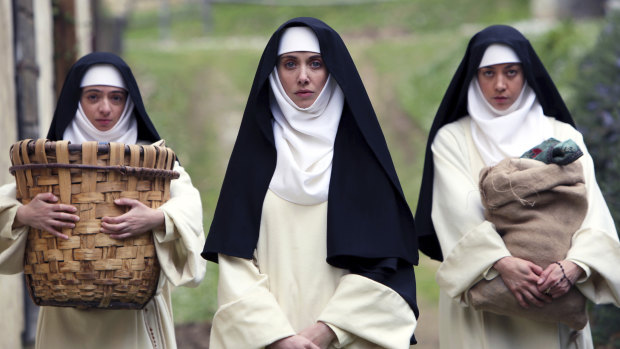 Kate Micucci (left), Alison Brie and Aubrey Plaza in The Little Hours, a black comedy written and directed by Jeff Baena.