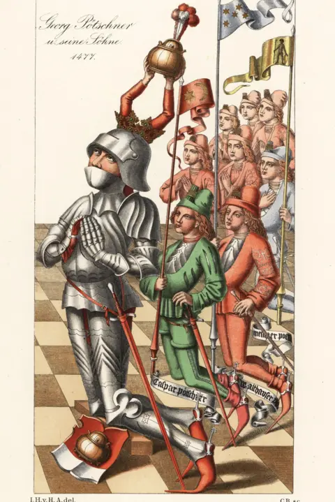 Getty Images Georg Potschner in suit of armour with his sons, Caspar and Walthauser, 1477. A drawing of medieval knights in metal armour and long pointy shoes.