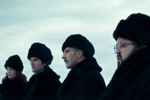 From left: Helly (Britt Lower), Mark (Adam Scott), Irving (John Turturro) and Dylan (Zach Cherry) venture outside for the first time, in a strange team-building exercise.