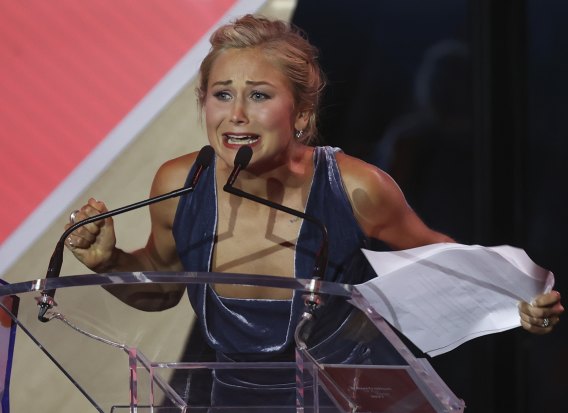 Grace Tame during her emotional speech after being named Australian of the Year in 2021.