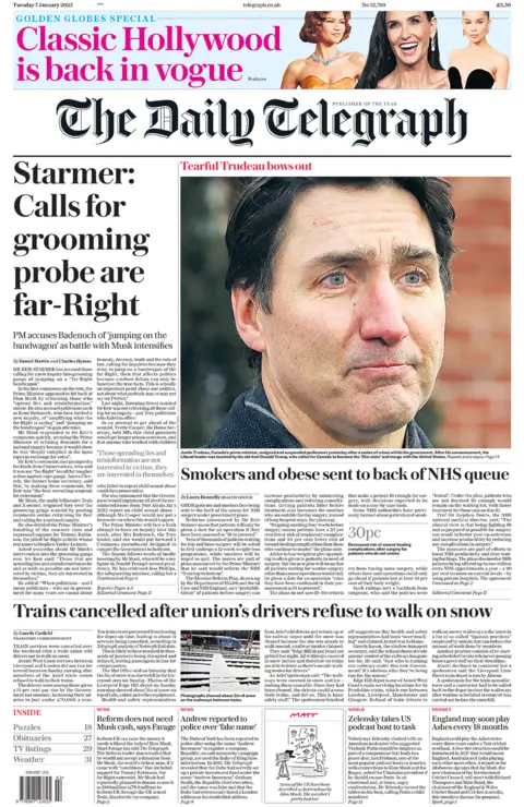 The headline in the Telegraph reads: "Starmer: Calls for grooming probe are far-Right". 