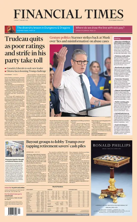 The headline in the Financial Times reads: "Trudeau quits as poor ratings and strife in his party take toll". 