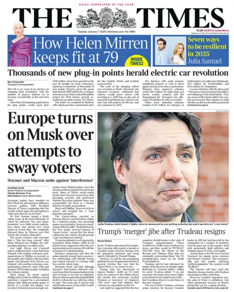 The headline in the Times reads: "Europe turns on Musk over attempts to sway voters". 