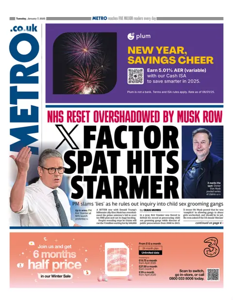 The headline in the Metro reads: "X Factor spat hits Starmer". 