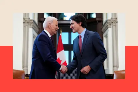 Getty Images Justin Trudeau shakes hands with Joe Biden