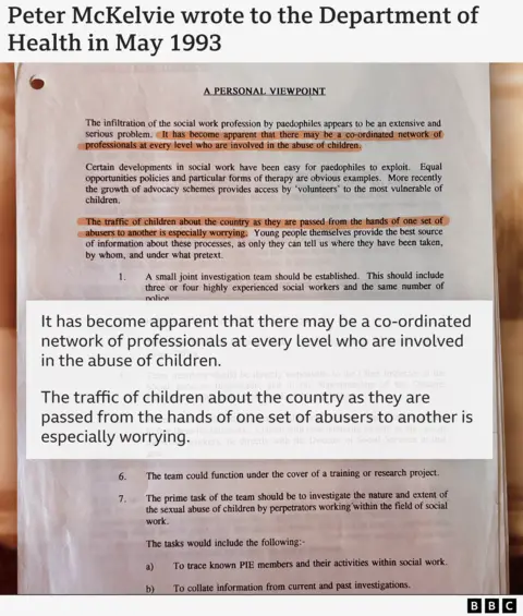 Image of letter Peter McKelvie write to the Department of Health in May 1993. We have highlighted the words: "It has become apparent that there may be a co-ordinated network of professionals at every level who are involved in the abuse of children... The traffic of children about the country as they are passed from the hands of one set of abusers to another is especially worrying."