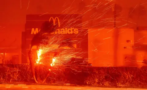 Josh Edelson/AFP A McDonald's restaurant is seen behind a burning palm tree bent by high winds in Pasadena