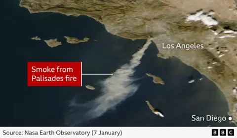 NASA Smoke from the Palisades fire seen drifting out to sea off the California coast