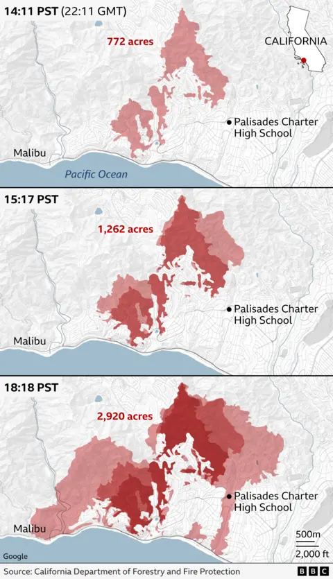 Map showing three stages of the development of the Palisades fire