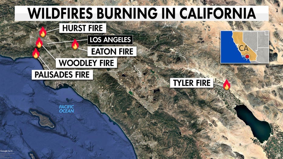 The wildfires that Southern California are battling shown on a map