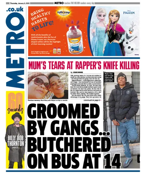 "Groomed by gangs... butchered on bus at 14" headlines Metro