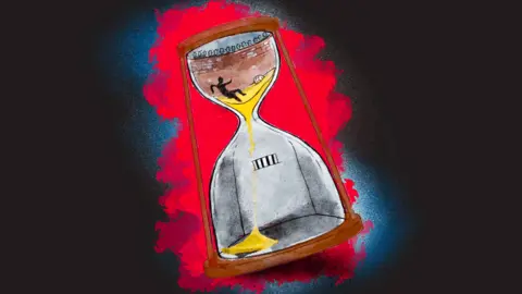 Daniel Arce-Lopez/BBC An illustration of a prisoner trapped inside an hourglass in the form of a cell