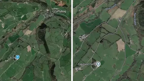 Google On the left is a Google Maps view of the area with an Aldi symbol, and on the right is the view of the same view on Maps now, with Cae Gwyn Farm in place of Aldi