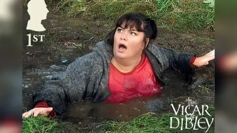 Royal Mail Geraldine Granger played by Dawn French in this memorable scene where she jumped into a puddle which went up to her chest.