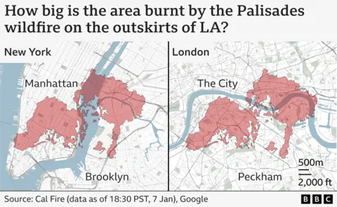 A map titled: "How big is the area burnt by the Palisades wildfires on the outskirts of LA?" This shows an outline of the shape and size of the fire superimposed on maps of New York City and London - showing that the fire would cover a significant area of both city centres