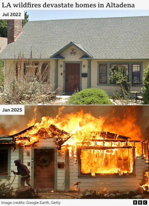 A before and after gfx of a wildfire destroying an Altadena home