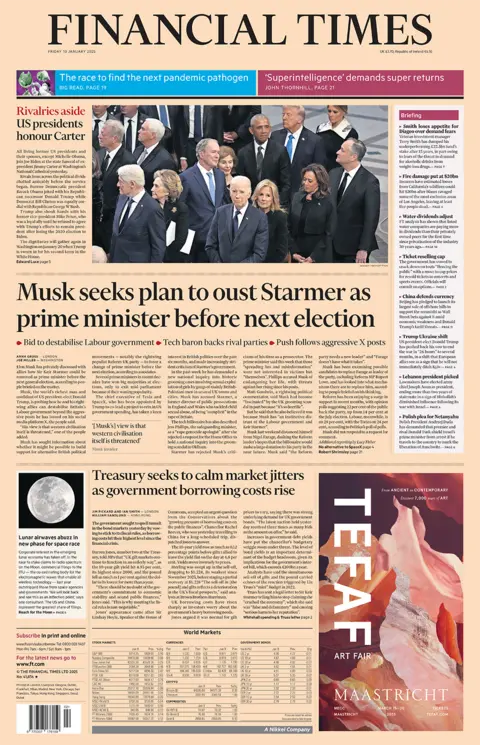 "Musk seeks plan to oust Starmer as prime minister before next election" headlines the Financial Times 