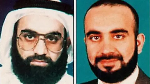 Getty Images Split headshot photo of Khalid Sheikh Mohammed. In one on the right, he is wearing a suit and the left one shows him in a white shirt with his head covered and wearing glasses