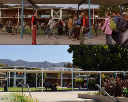 Palisades Charter High School and, top, and how it looked in Freaky Friday.